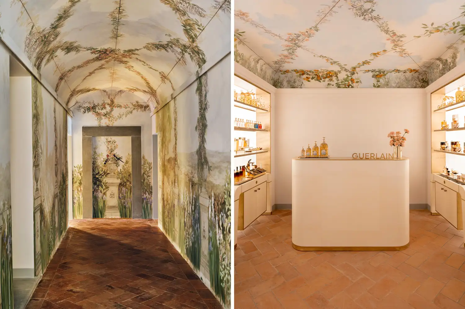 The contemporary interior of the Guerlain Spa at Villa San Michele showing product displays and elegant design.