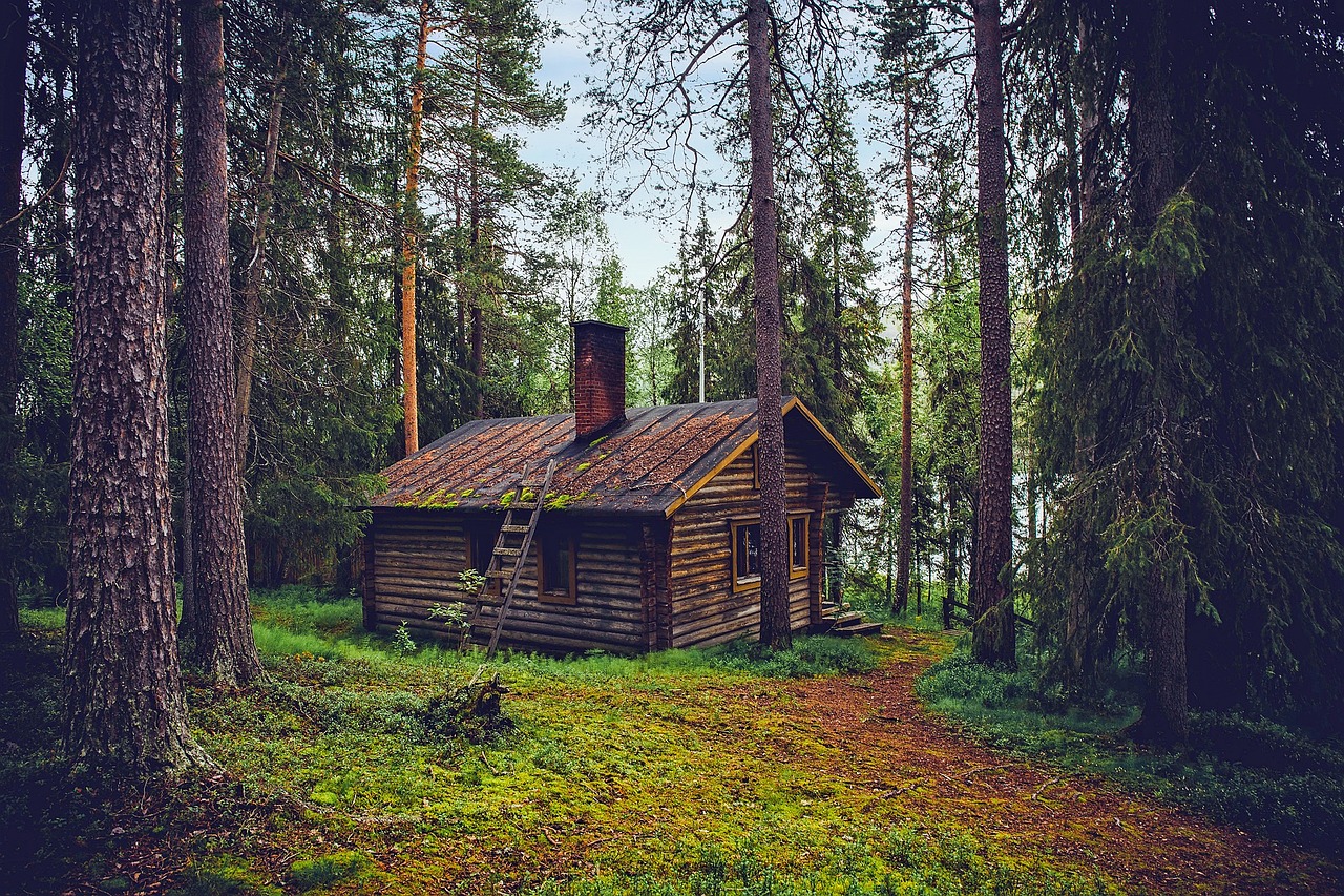A cozy A-frame cabin glowing with lights in the middle of a dense forest at dusk.