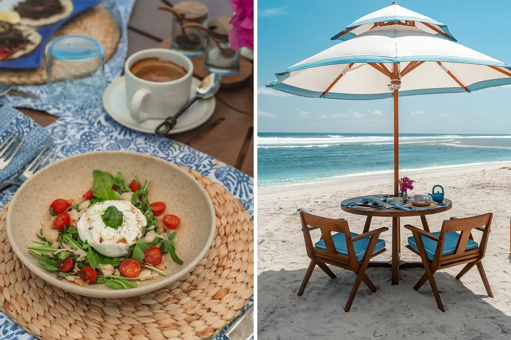 A fresh breakfast of burrata salad and coffee served on a white tablecloth on a sandy beach.