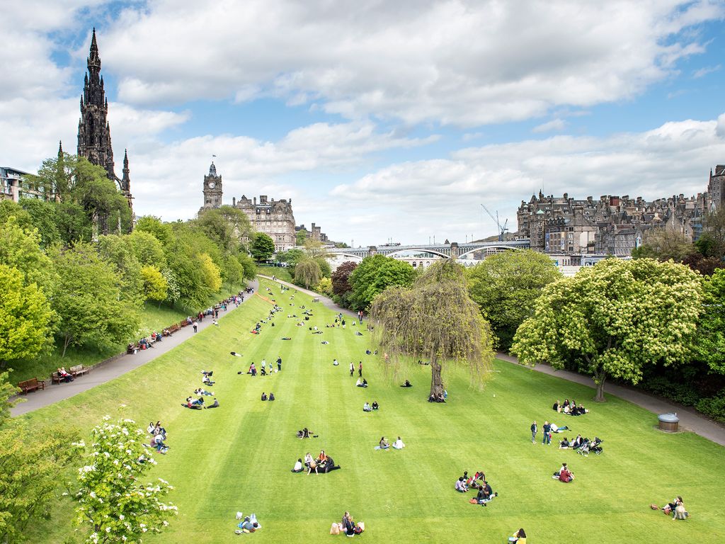 The historic stone buildings and Gothic spires of Edinburgh, Scotland.