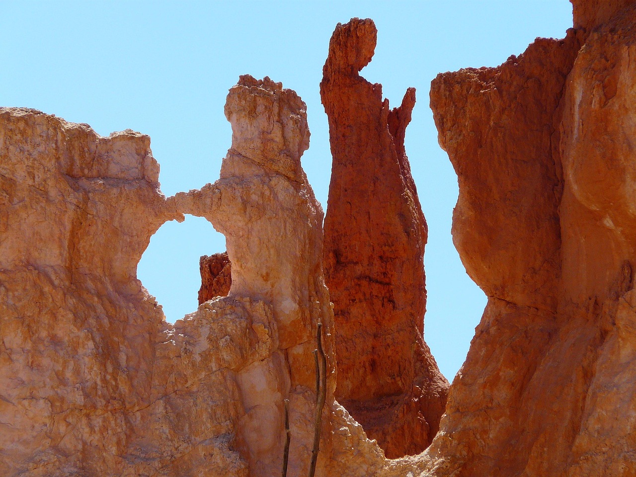 Close-up of tall orange limestone hoodoos against a clear blue sky.