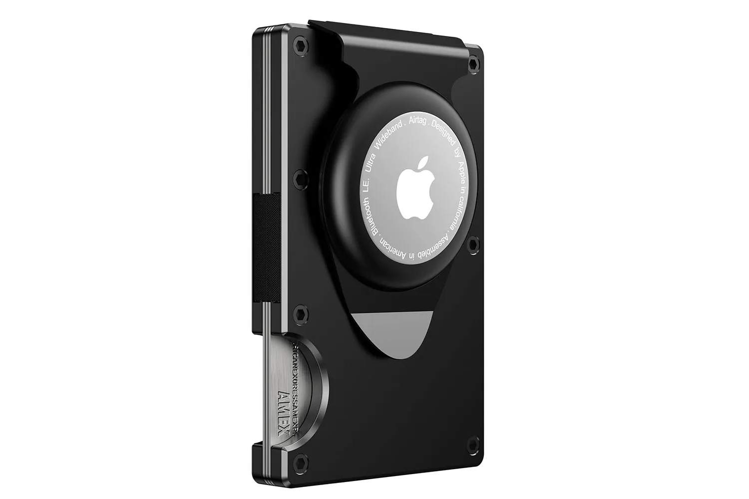 A slim brown leather wallet designed to hold an Apple AirTag for tracking.