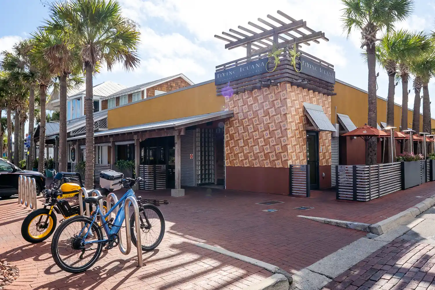 Bicycles parked outside the Flying Iguana restaurant in Beaches Town Center.
