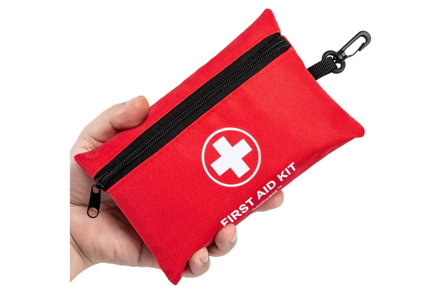 A compact red mini first aid kit from Atickyaid.
