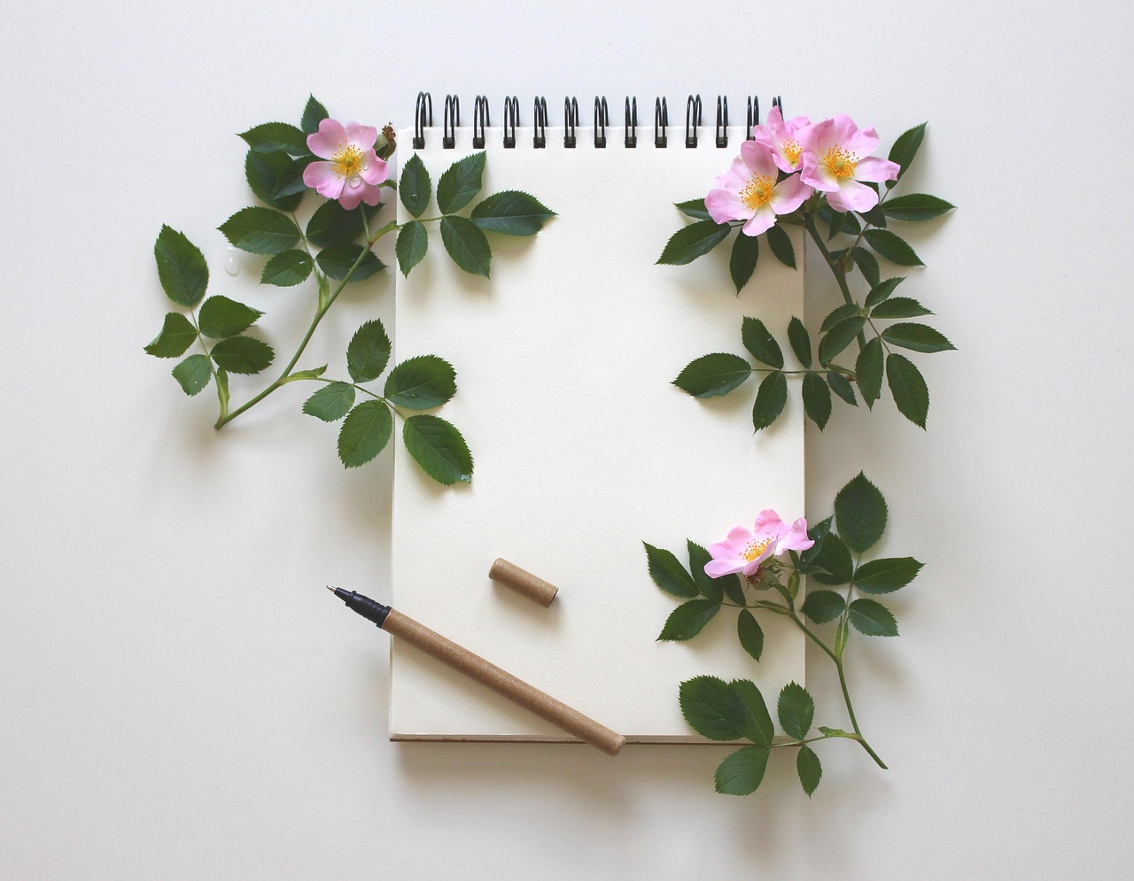 A simple wooden desk with a notebook facing a large window overlooking a wild meadow.