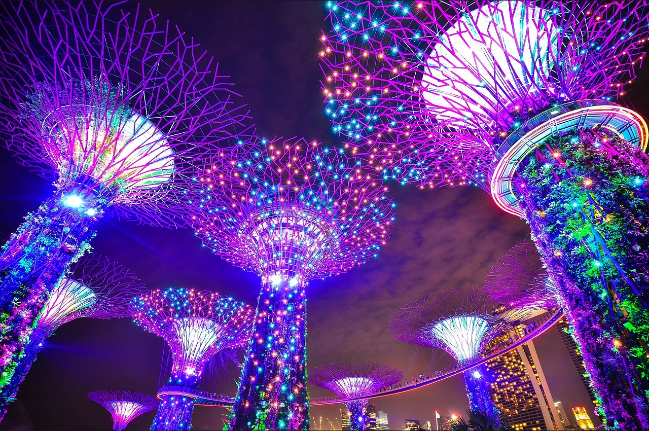 The illuminated Supertree Grove at Gardens by the Bay in Singapore at night.