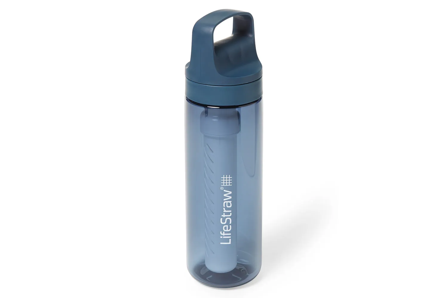 A LifeStraw Go Series water filter bottle with its integrated filter visible.
