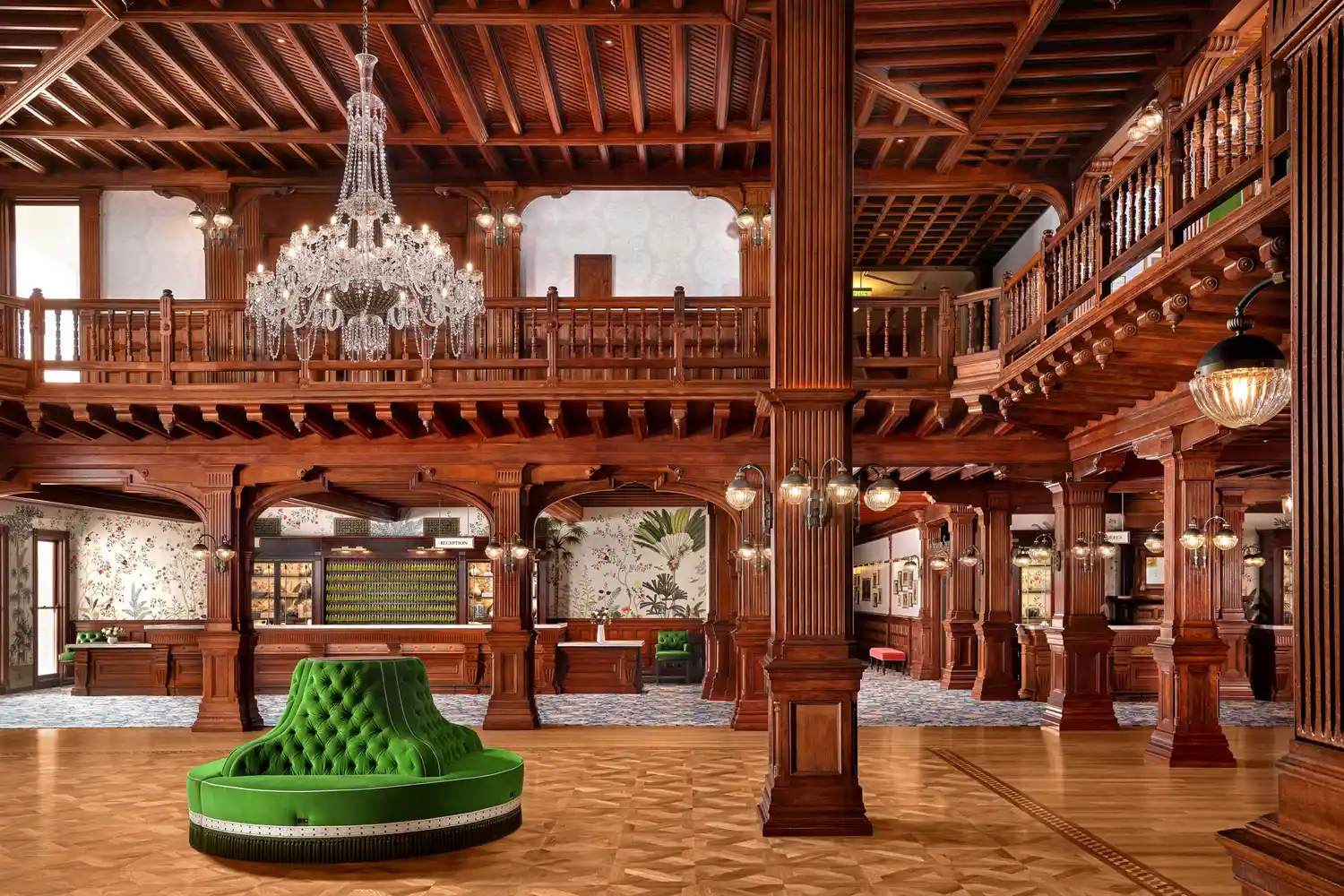 The opulent wooden lobby and chandelier of the Hotel del Coronado.