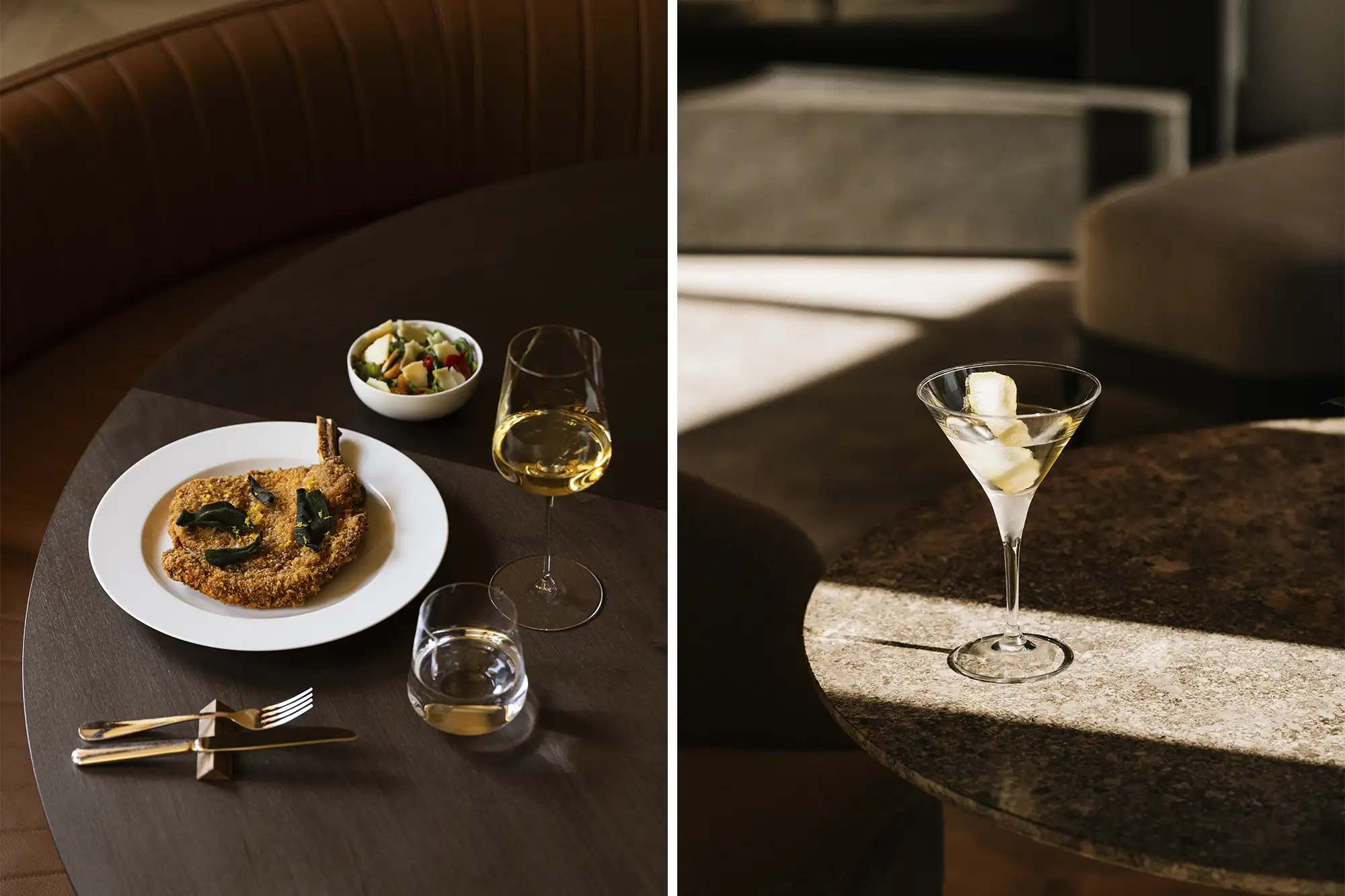 A crispy schnitzel and fresh salad served on a wooden table with a cocktail and wine.