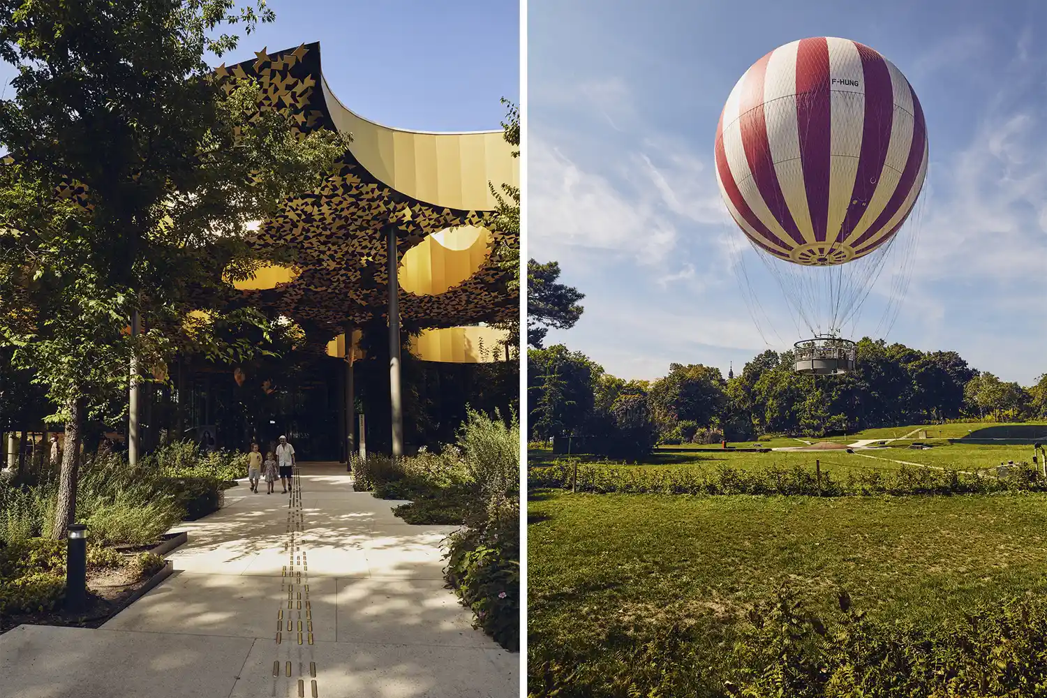 The contemporary roof design of the House of Music and a red-and-white striped balloon floating over a park.