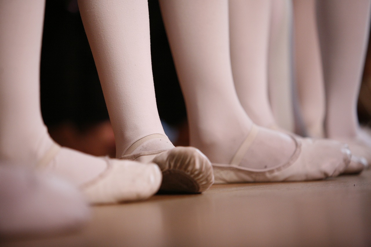 Close up of two pairs of feet in tango shoes performing a complex step