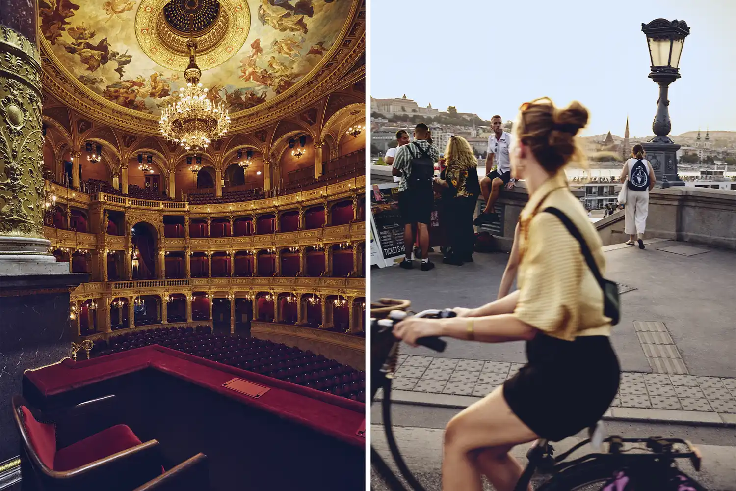 The ornate golden interior of the Hungarian State Opera House and a person cycling across a bridge in Budapest.