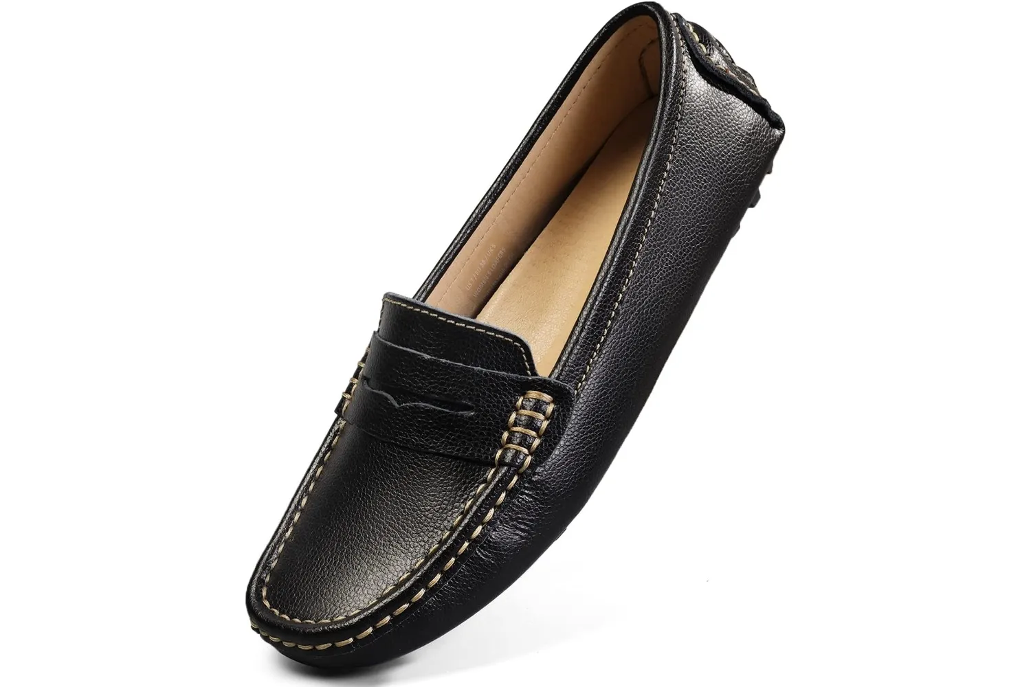 A pair of classic black leather penny loafers.