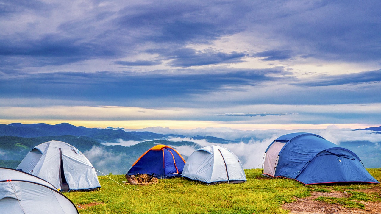A white translucent ultralight trekking pole tent standing in a misty forest.